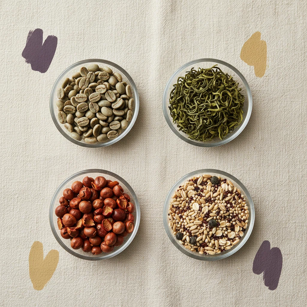 Flat-lay of green coffee beans, green tea leaves, guarana seeds and whole grains representing the botanical ingredients in Slim Coffee Booster