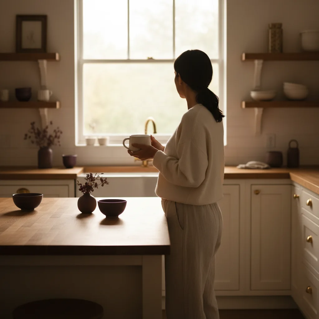 Anonymous person from behind holding a warm mug of coffee in a bright kitchen - everyday morning wellness moment