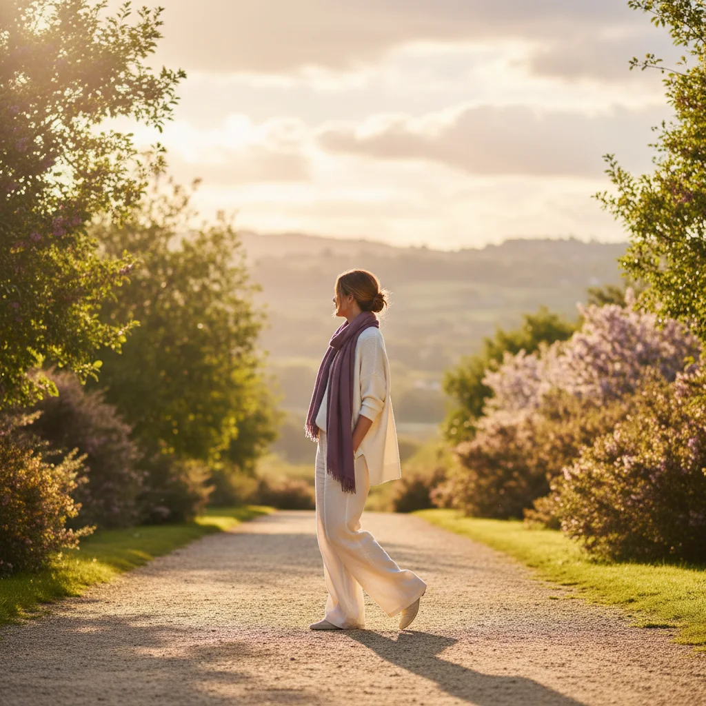 Anonymous woman from behind walking through a bright park path in morning light - best coffee supplement for energy in the morning UK